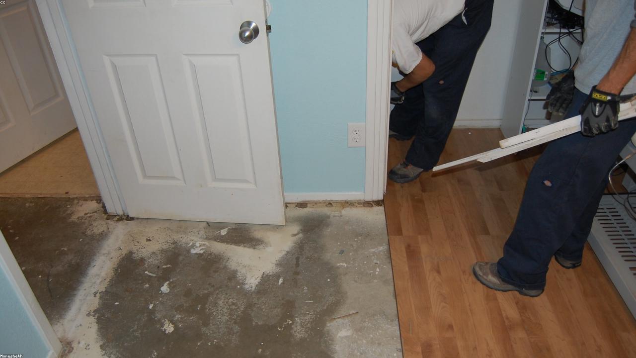 Water damage restoration technician performing cleanup
